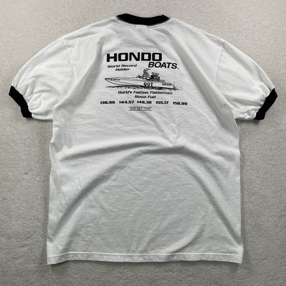 Vintage 80s 90s Anvil Hondo Boats Ringer T-shirt Men's Large Double Sided EUC - Picture 2 of 9